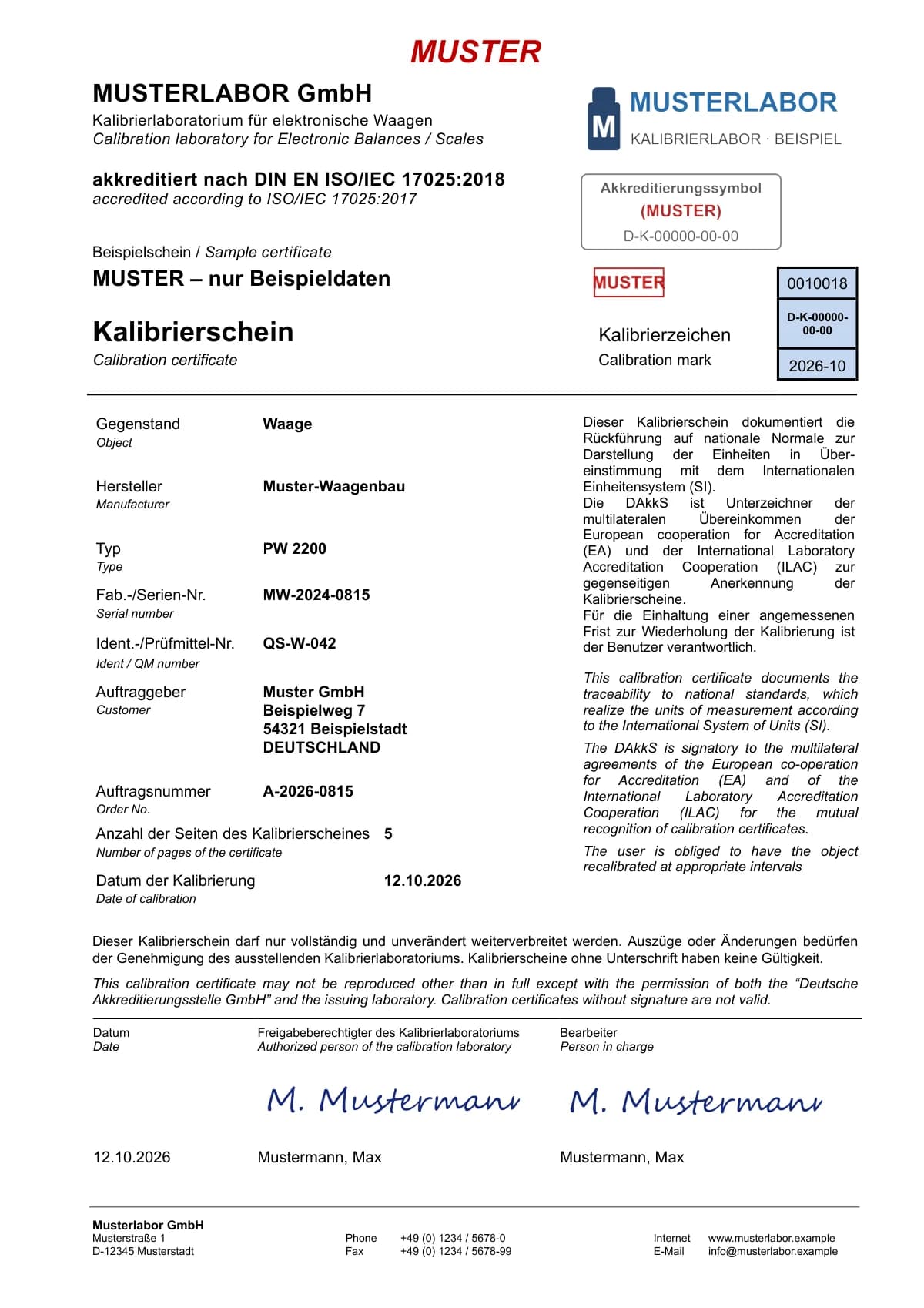 Wzór świadectwa wzorcowania wagi laboratoryjnej, wystawiony w SimplyCal 2.5 (dane przykładowe) — strona 1